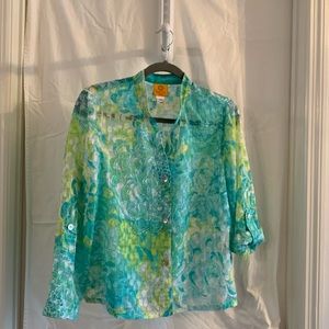 Ruby Rd 12P multi turquoise and white blouse/jacket. Like new!